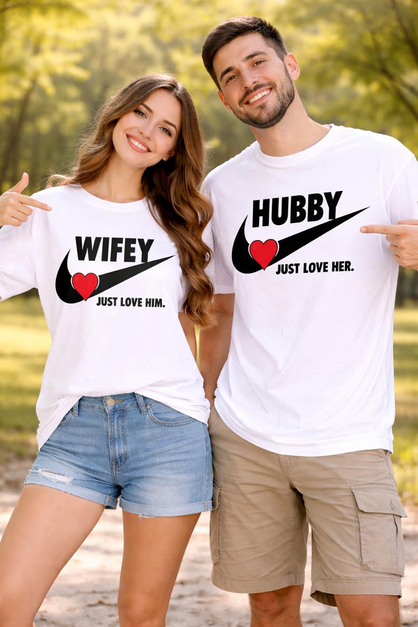 Couple Matching T-Shirt – Wifey & Hubby Just Love Him/Her | Valentine Special White Cotton Tee