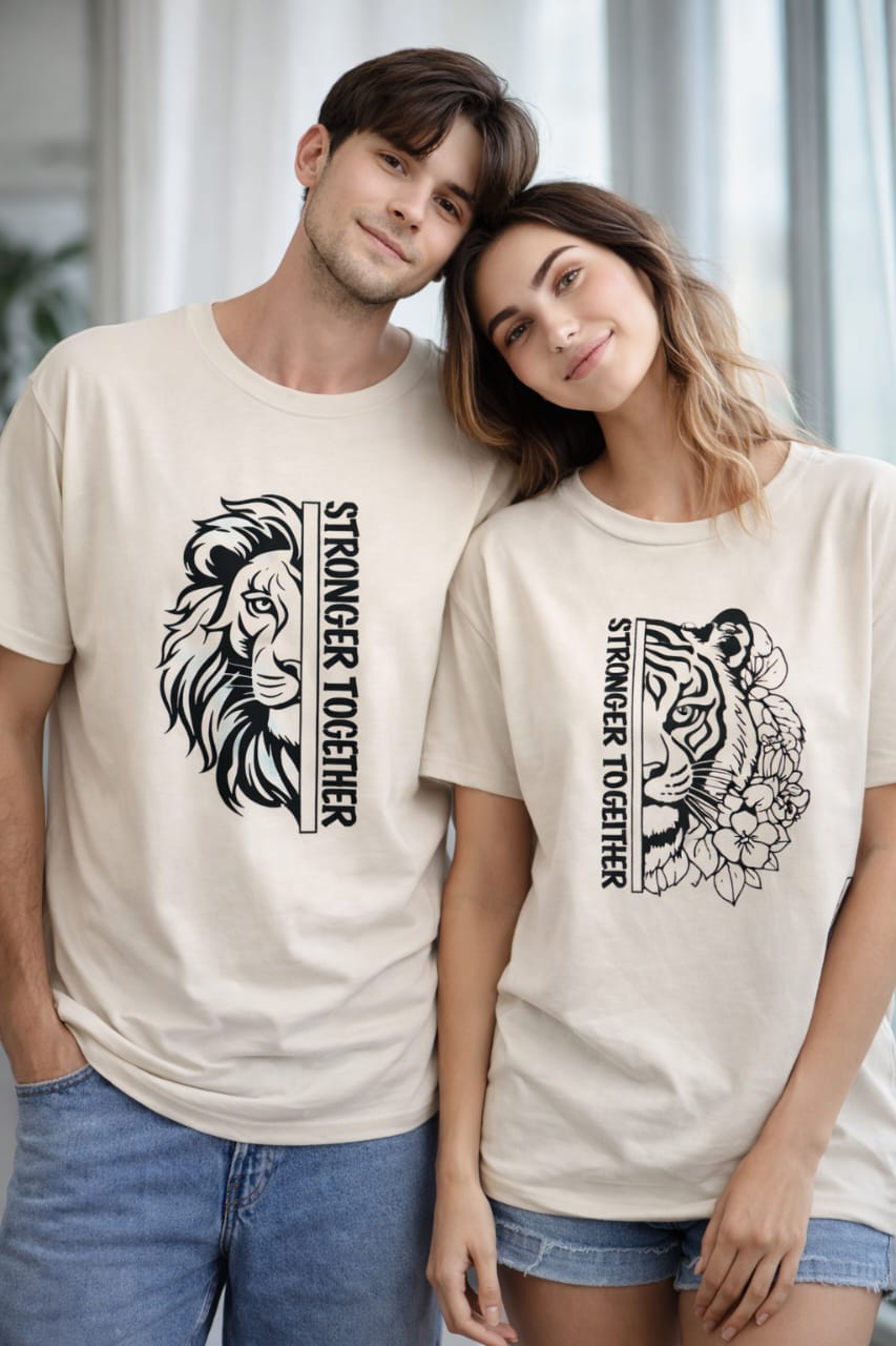 Stronger Together Couple T-Shirt Set | Lion & Tiger Power Design | Premium Matching Couple Tees❤️😍